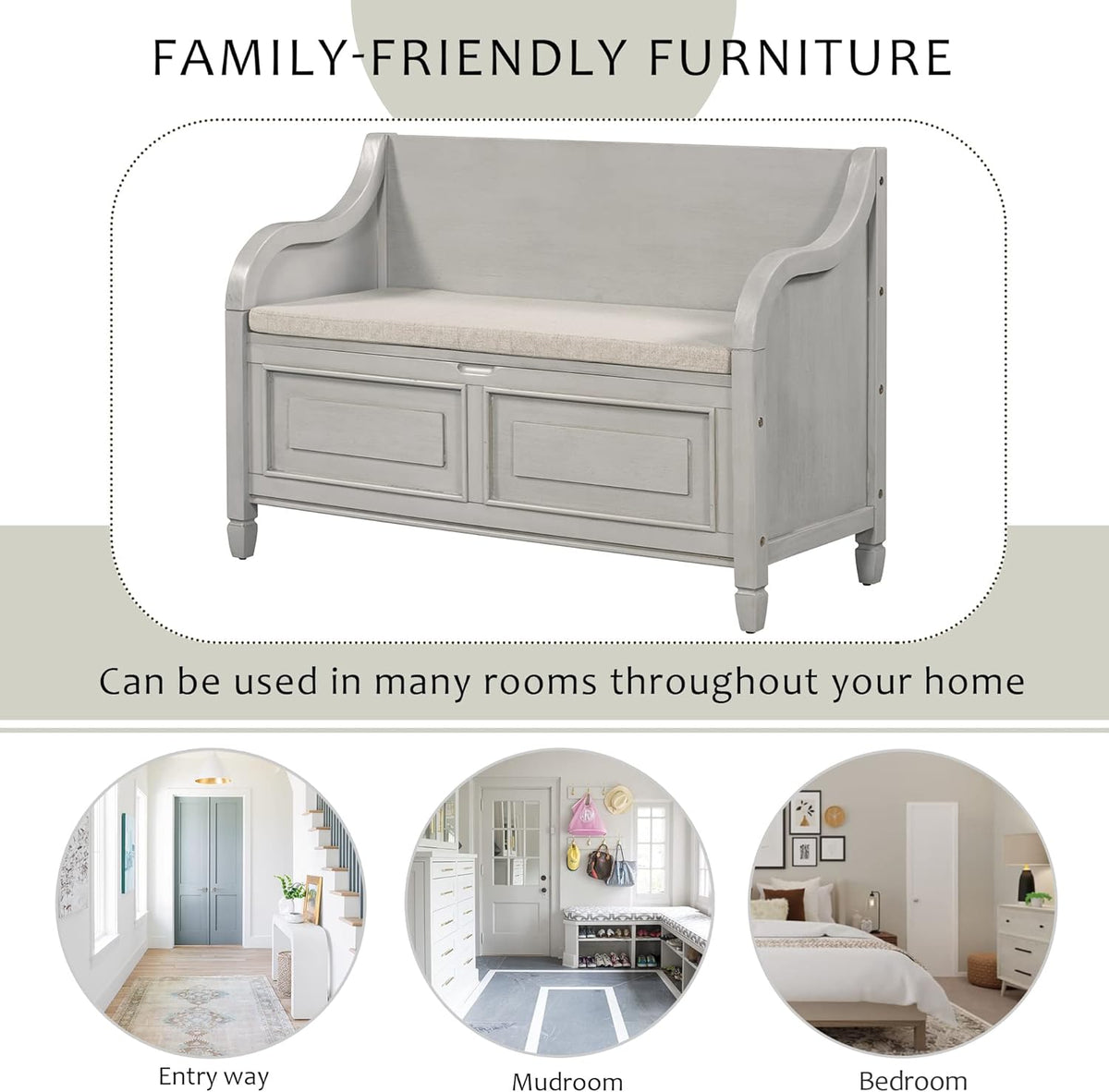 Rustic Storage Bench with Backrest and Hidden Storage, Gray Wash+Beige S6317