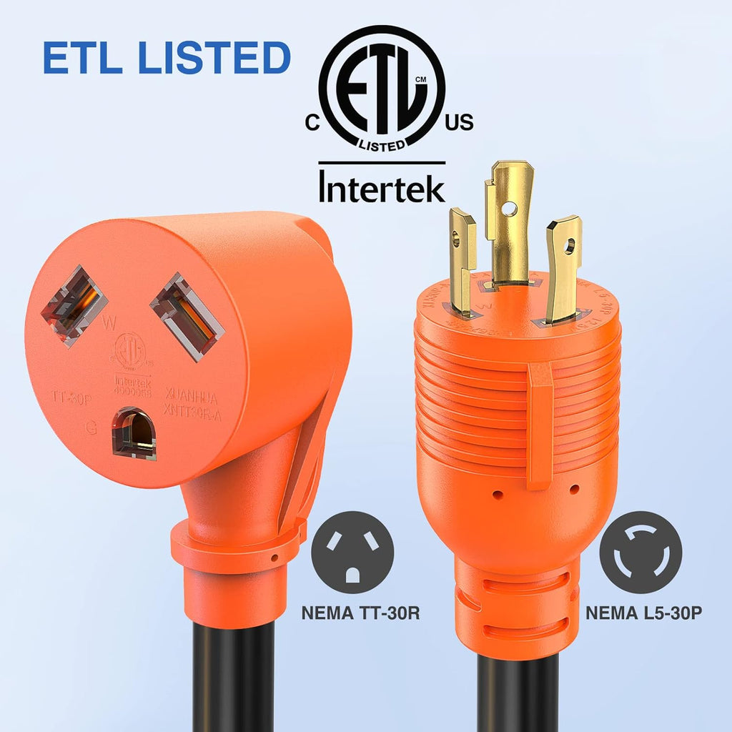 30 Amp to 30 Amp 3 Prong Pure Copper Heavy Duty Twist Lock Male Plug 10 Gauge Wire L5-30P to TT-30R B21260