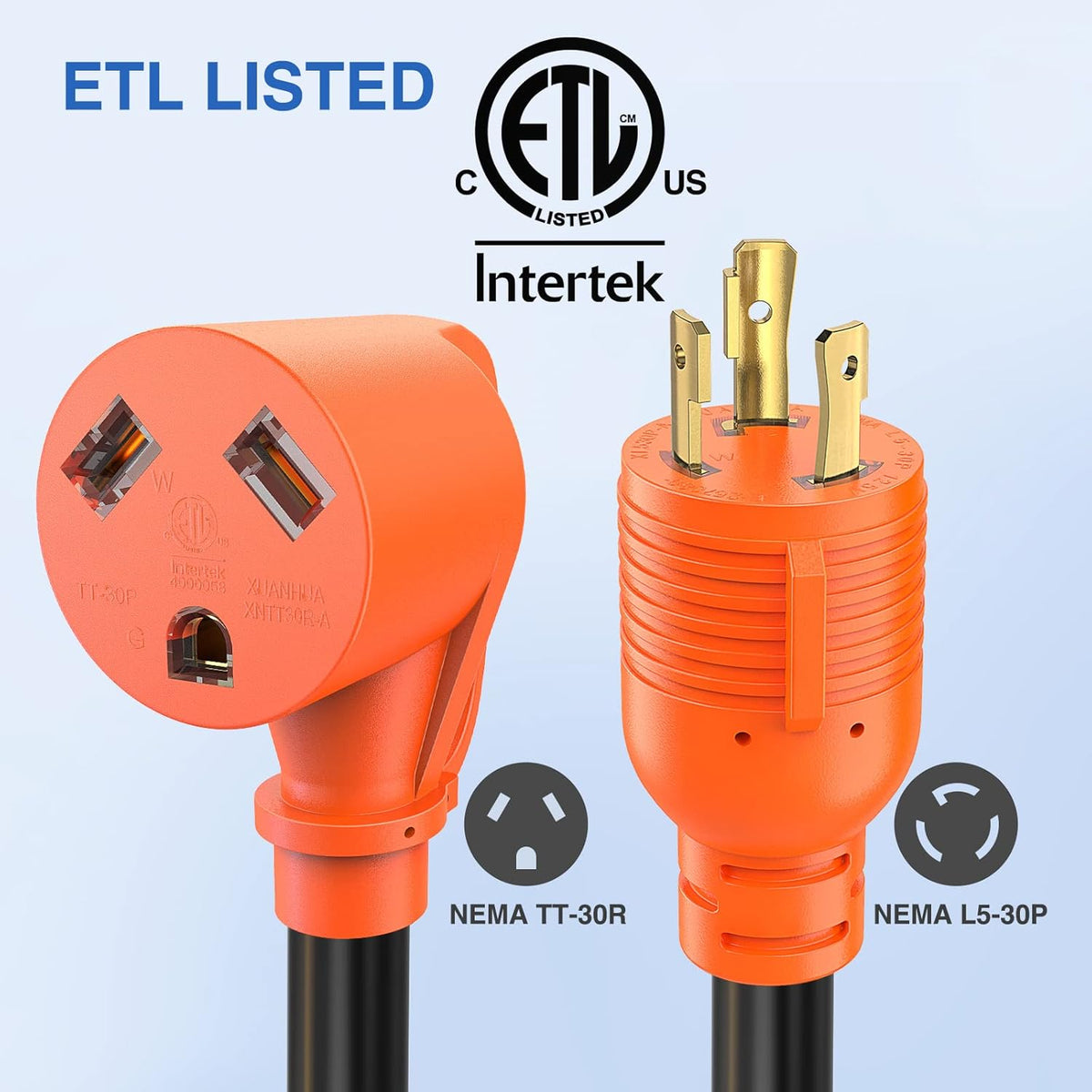 30 Amp to 30 Amp 3 Prong Pure Copper Heavy Duty Twist Lock Male Plug 10 Gauge Wire L5-30P to TT-30R B21260