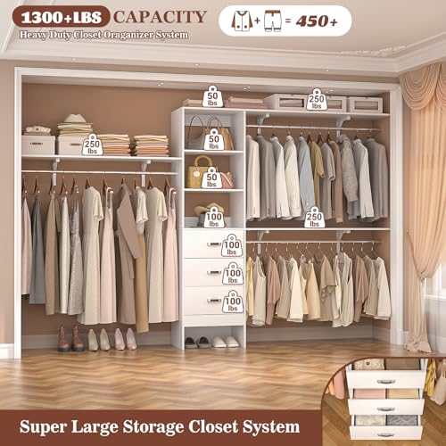 120 Inches Closet System with 3 Shelving Towers, Heavy Duty Clothes Rack with 3 Drawers, White Oak W164915