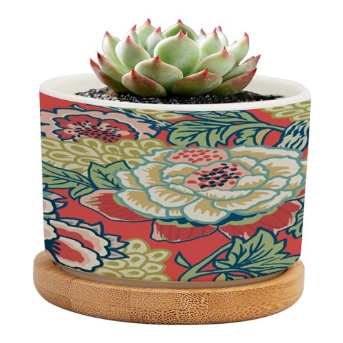 Pink and Blue Ceramic Round Flower Pots with Drainage Holes and Bamboo Tray K72412