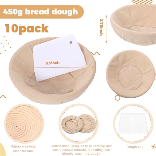 10 Pieces Banneton Bread Proofing Basket Round with Liners and Scrapers (8.5 Inch) M2513