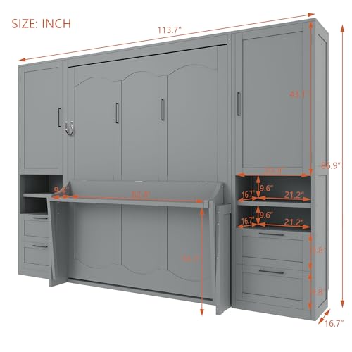 Gray Queen Size Murphy Bed with 5 Drawers and Storage Shelves B5746