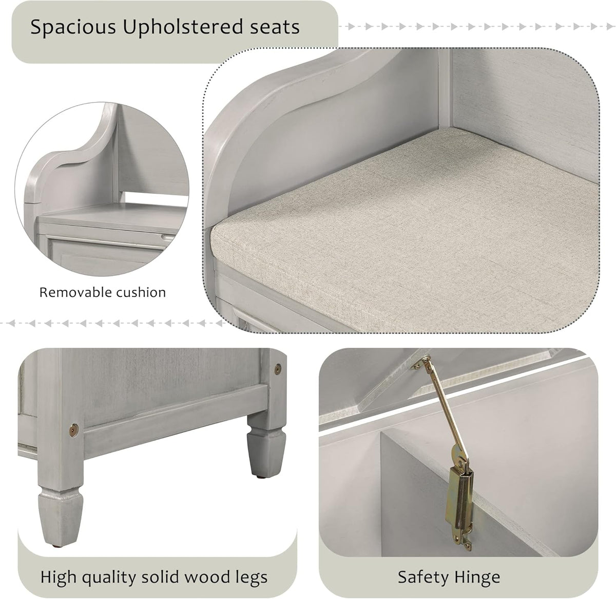 Rustic Storage Bench with Backrest and Hidden Storage, Gray Wash+Beige S6317