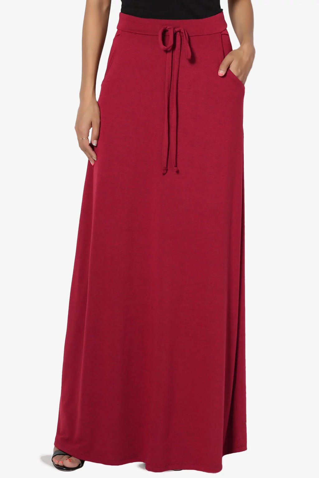 Women's PLUS Drawstring Waist Pocket Drapey Jersey A-Line Long Maxi Skirt A4455
