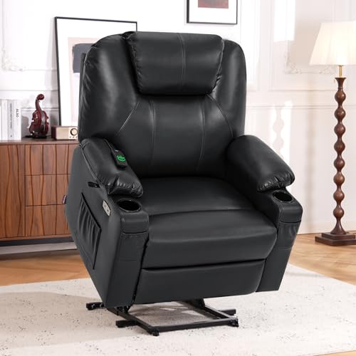 Power Lift Recliner Chair with Heat and Massage, Faux Leather (Black, Medium) Y8668