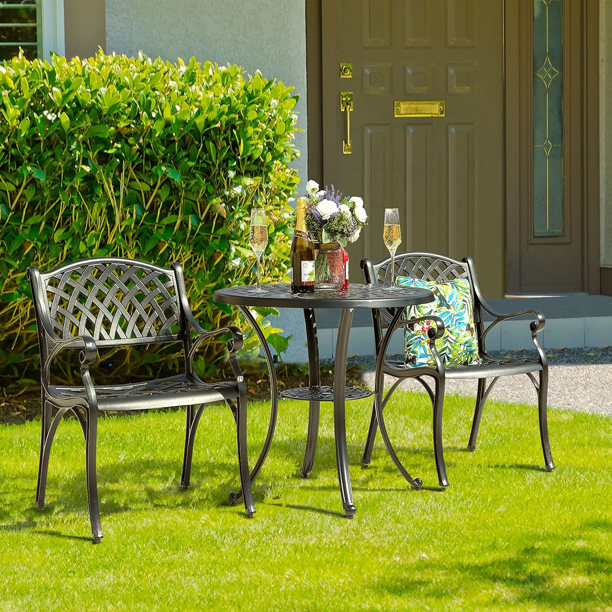 32 Inch Black Cast Aluminum Round Outdoor Dining Table with Umbrella Hole M8196
