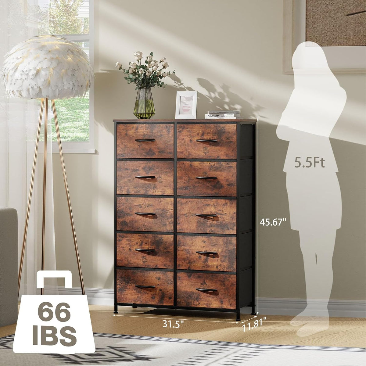 12 Drawers Fabric Dresser with Wood Top, Rustic Brown F165655