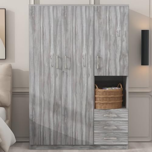 Grey Wooden Armoire Wardrobe with 6-Tier Shelves and 3 Drawers W85882
