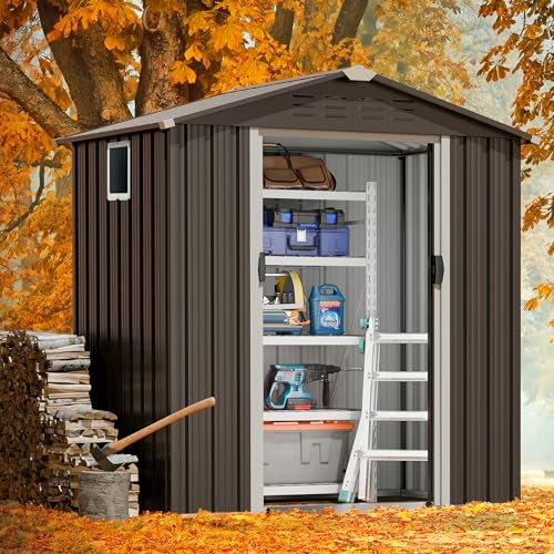 5x3 FT Waterproof Metal Garden Shed with Window and Lockable Double Door Dark Gray D709343