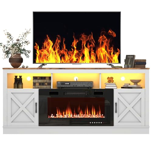 Grey 70 Inch TV Stand with Electric Fireplace and Barn Door Cabinet V91171