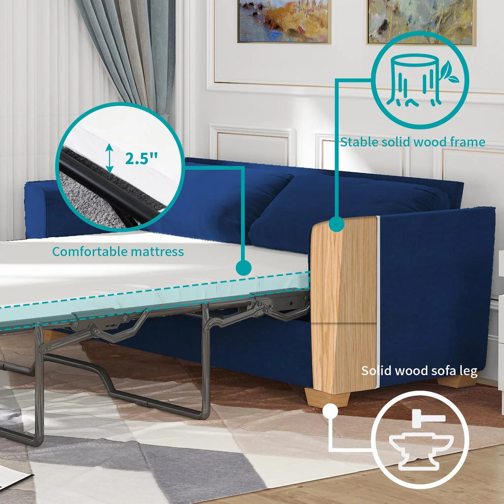 Blue Velvet Pull Out Sofa Bed with Foam Mattress O743