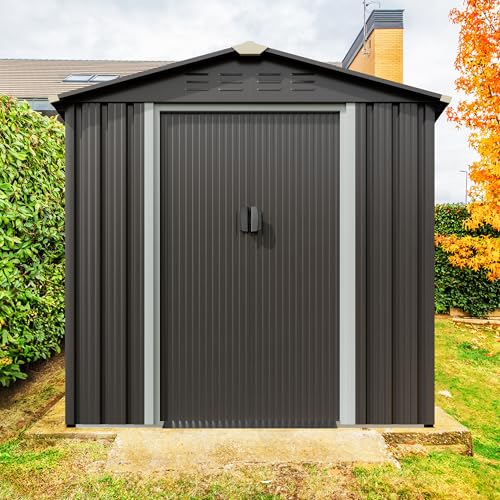 5x3 FT Waterproof Metal Garden Shed with Window and Lockable Double Door Dark Gray D709343