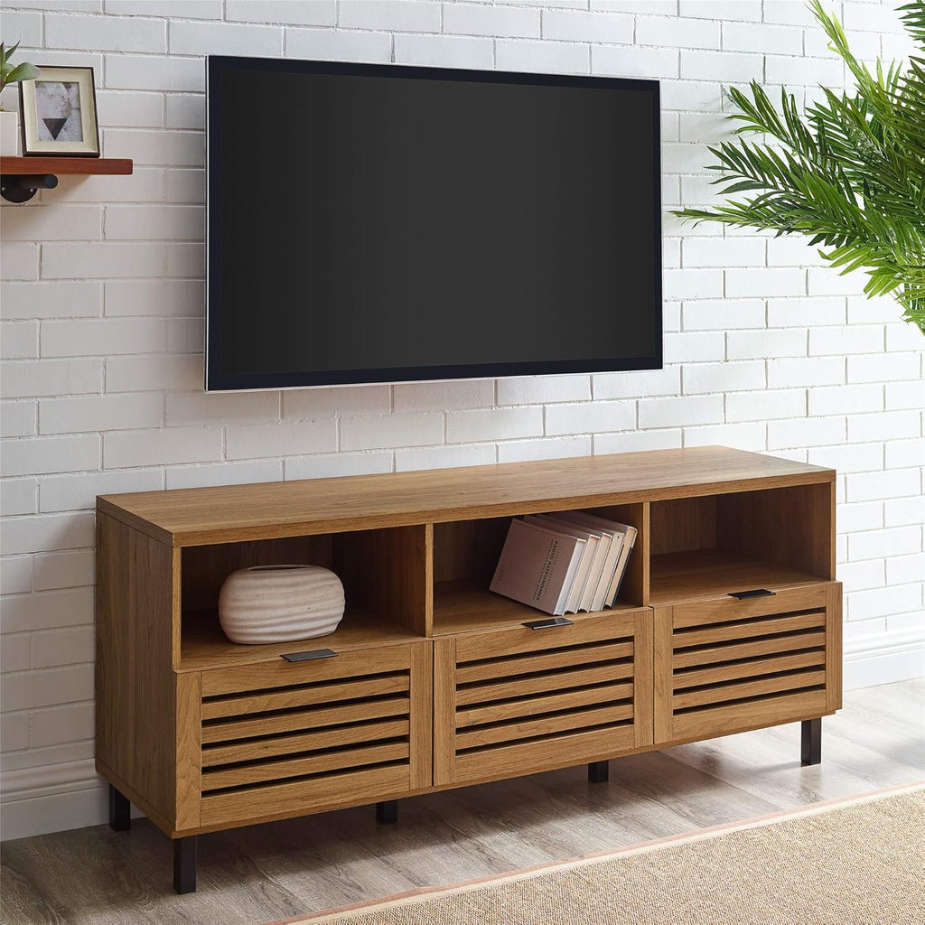 Modern Wood TV Stand with Slat Doors, 58 Inch, Dark Walnut T78447