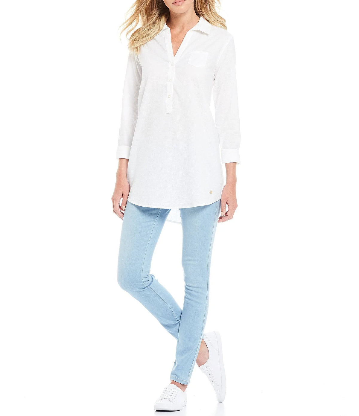 Long Sleeve Seersucker Tunic Top Q840109
