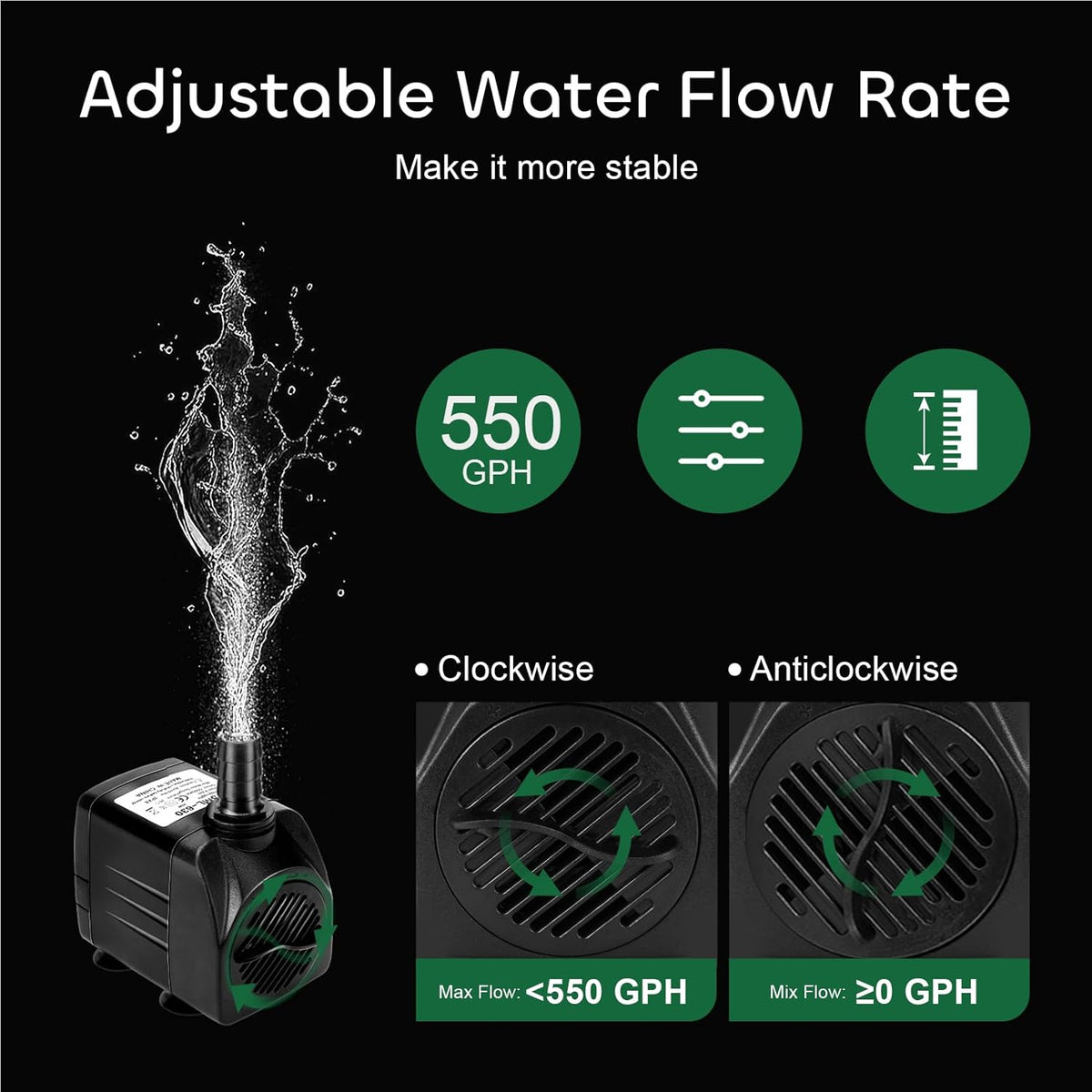 550GPH Submersible Pump with 3 Nozzles Black H9598
