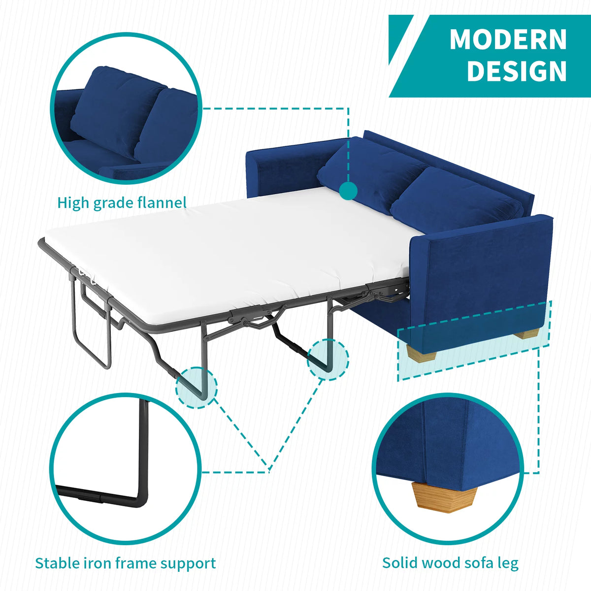 Blue Velvet Pull Out Sofa Bed with Foam Mattress O743