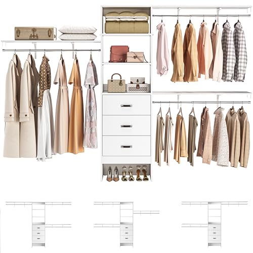 120 Inches Closet System with 3 Shelving Towers, Heavy Duty Clothes Rack with 3 Drawers, White Oak W164915