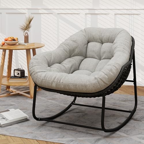 Beige Oversized Wicker Rocking Chair with Cushion D95418