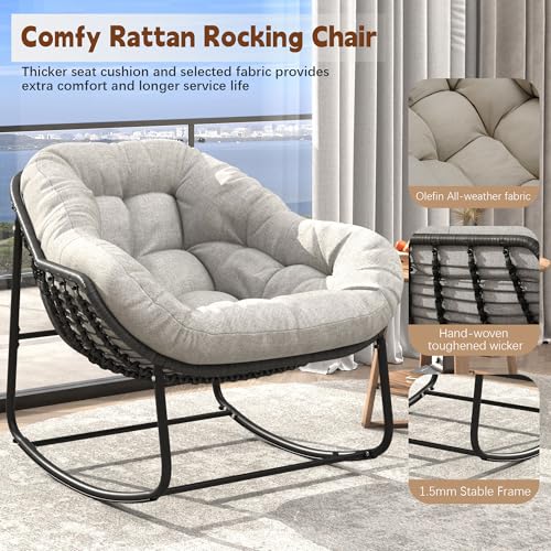Beige Oversized Wicker Rocking Chair with Cushion D95418