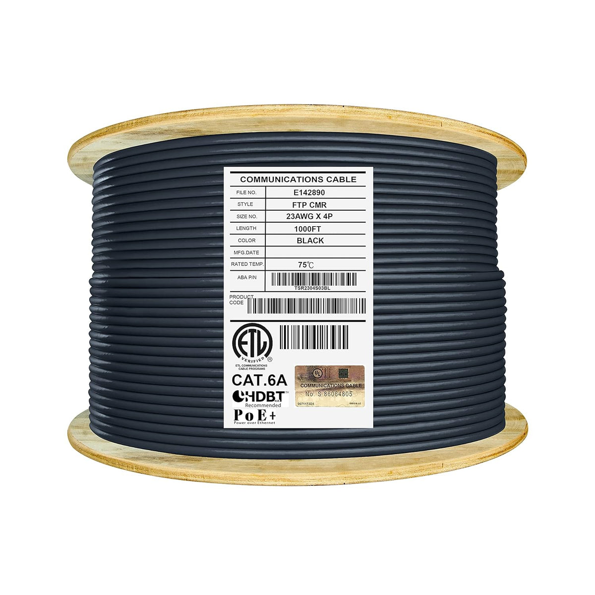 Cat6A Shielded Riser 1000ft FTP 23AWG Solid Bare Copper Ethernet Cable Reel U27104