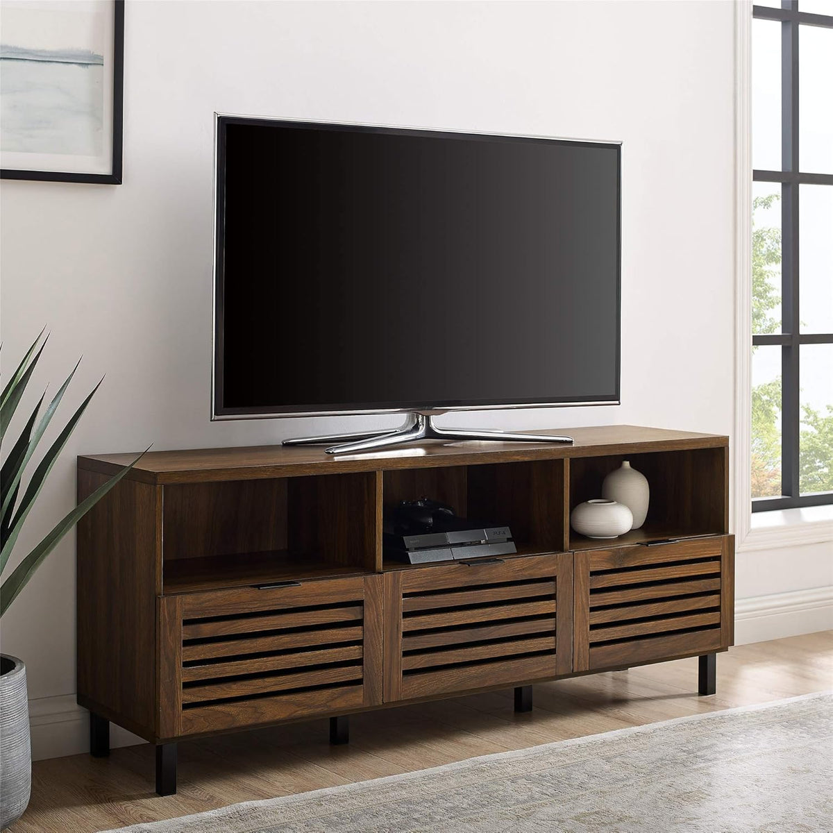 Modern Wood TV Stand with Slat Doors, 58 Inch, Dark Walnut T78447