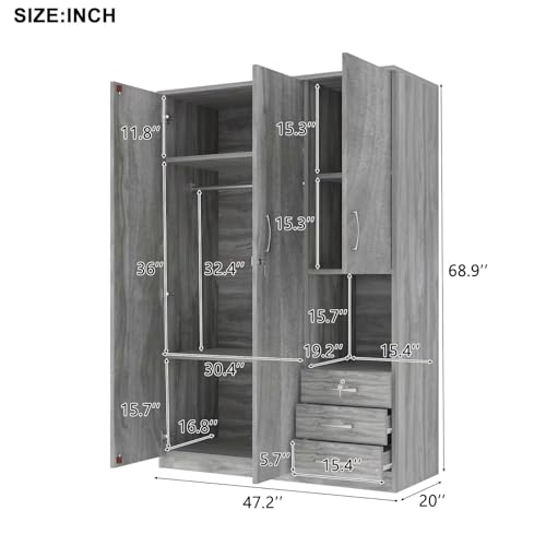 Grey Wooden Armoire Wardrobe with 6-Tier Shelves and 3 Drawers W85882