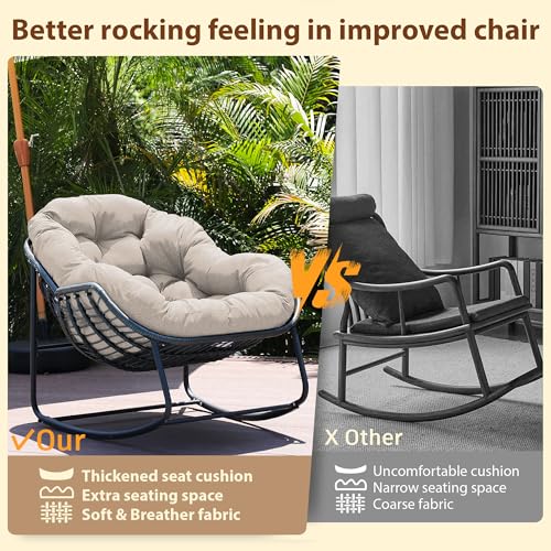 Beige Oversized Wicker Rocking Chair with Cushion D95418