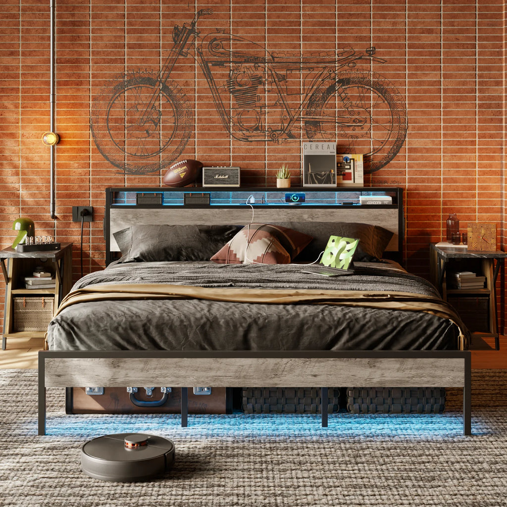 Queen Size Platform Bed with Storage Headboard N1257