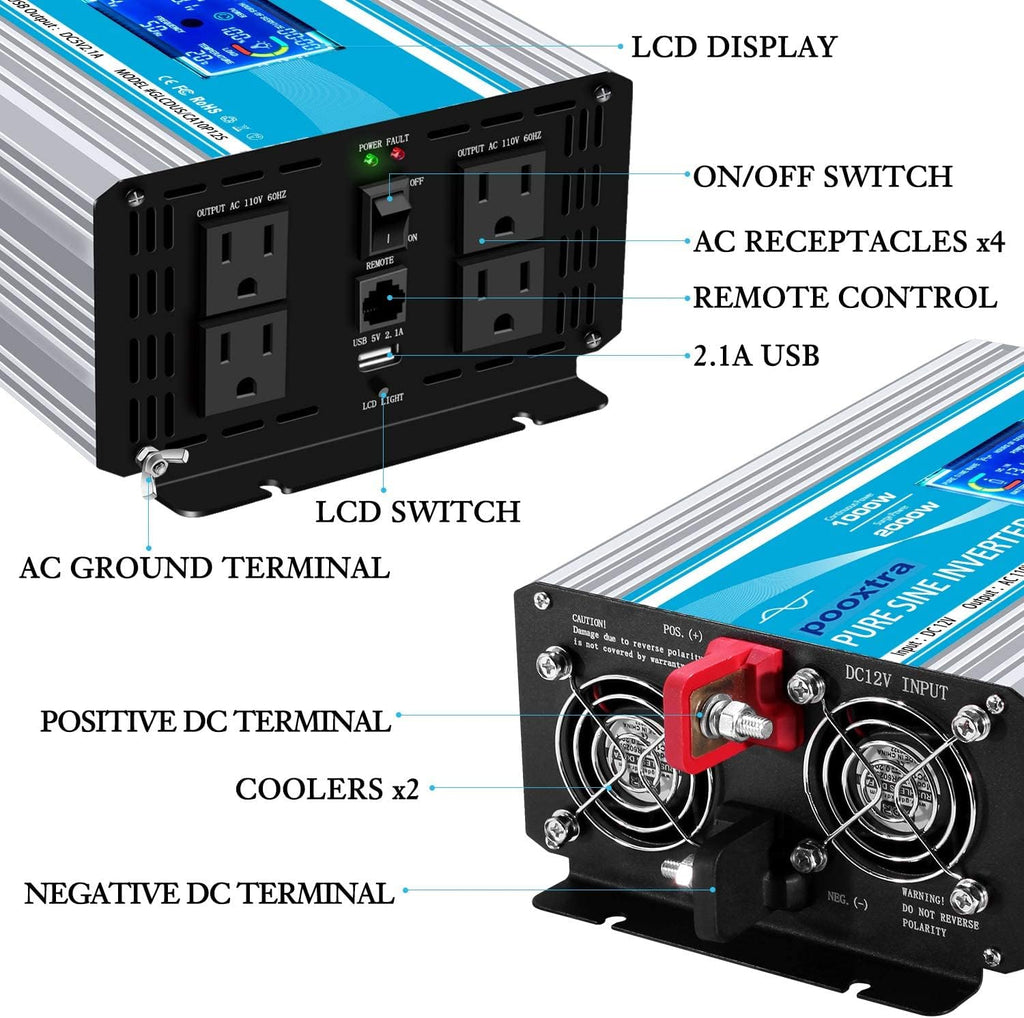 2000 Watt Pure Sine Wave Power Inverter 12V DC to 110V AC with LCD Display USB Port 4 AC Outlets R7298