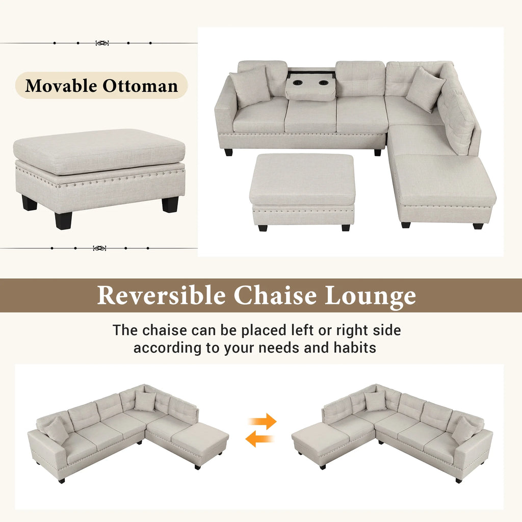 Light Gray Sectional Sofa with Storage Ottoman and Cup Holder D522