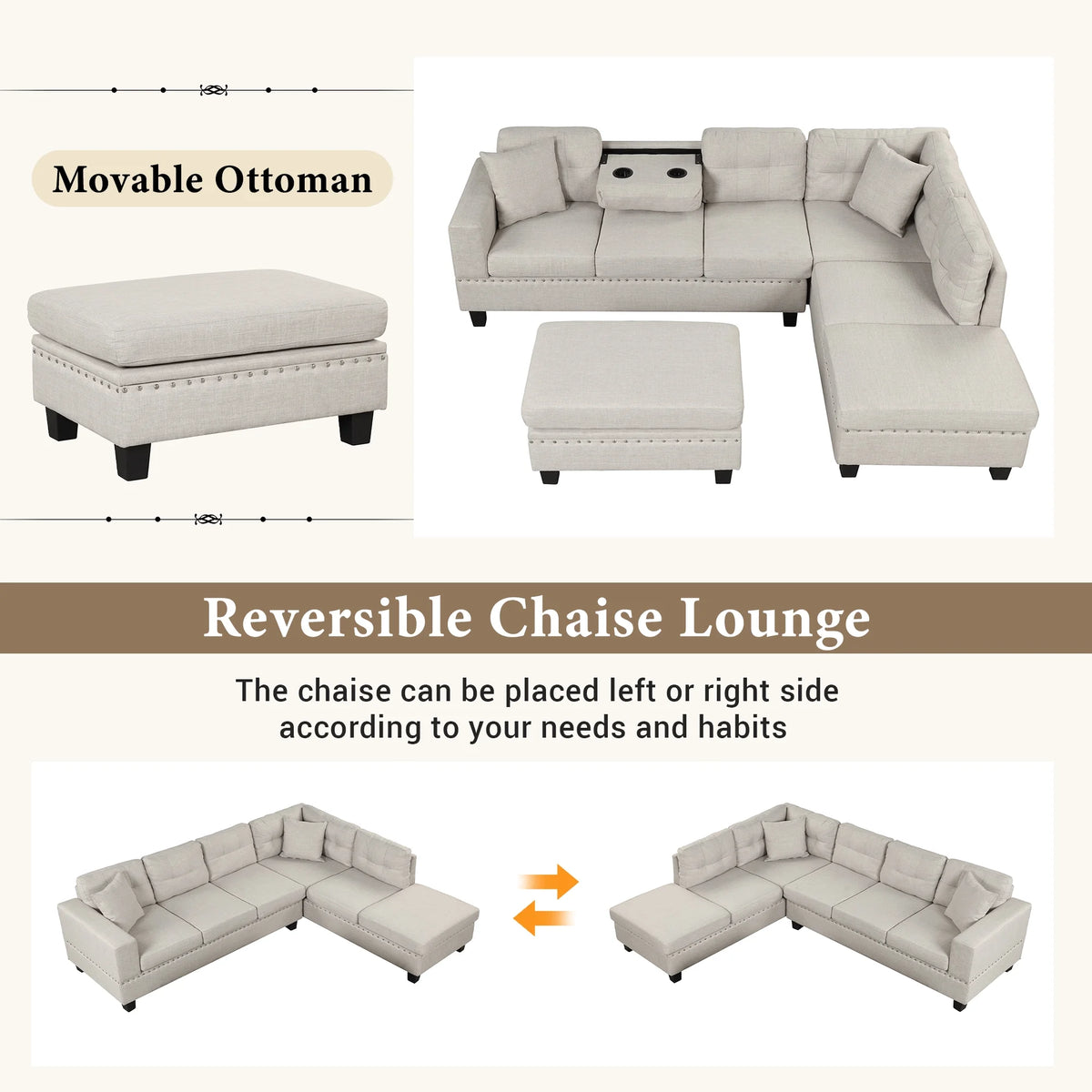 Light Gray Sectional Sofa with Storage Ottoman and Cup Holder D522