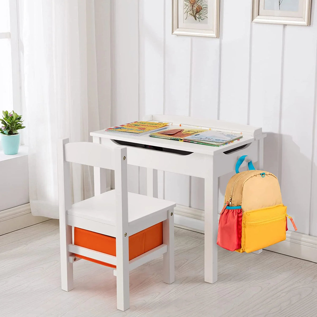 White Kids Table and Chair Set with Storage J433625