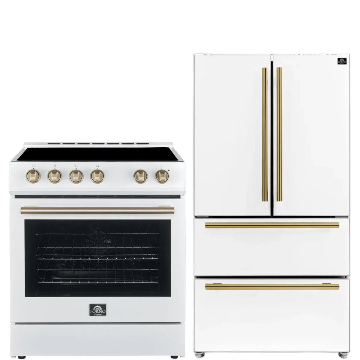 30 Electric Range and Refrigerator in White with Antique Brass Handles B7118