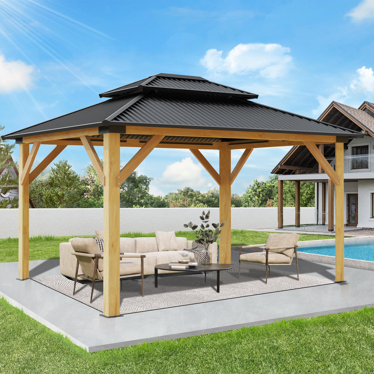 11’x13’ Outdoor Wooden Gazebo with Double Vented Roof P467513