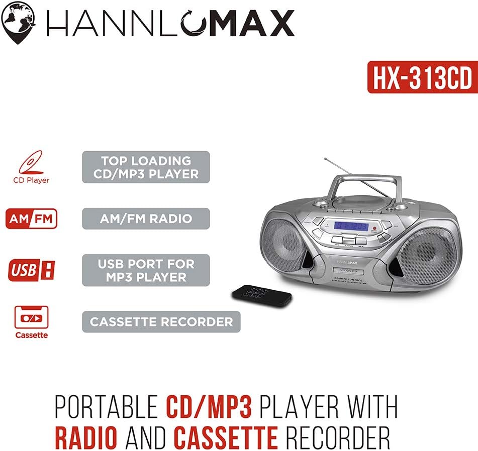 Portable CD/MP3 Player with Cassette Recorder, AM/FM Radio, USB Port, Aux-in, LCD Display (Silver) W3070