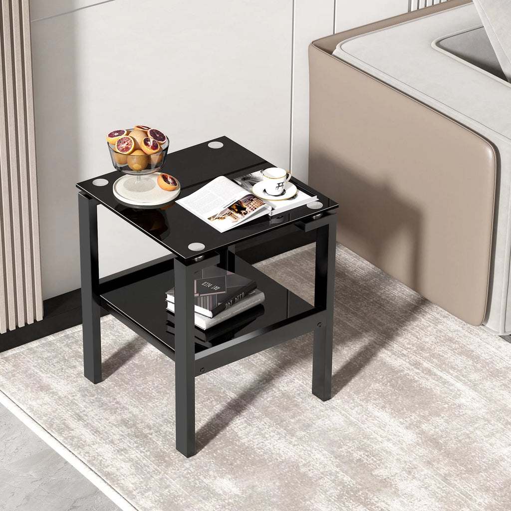 Black Tempered Glass 2 Layer End Table O4796