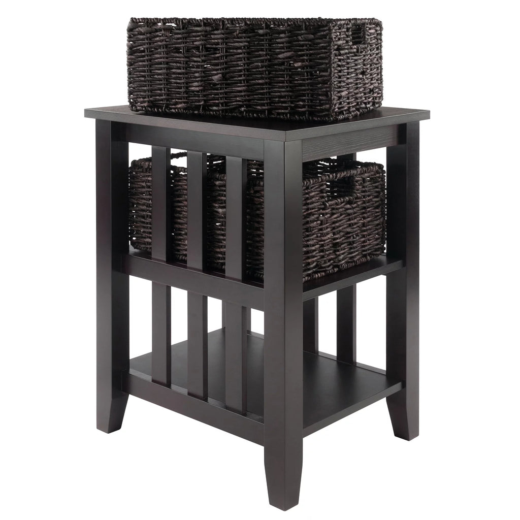 Dark Brown Espresso Side Table with Two Foldable Baskets O7017