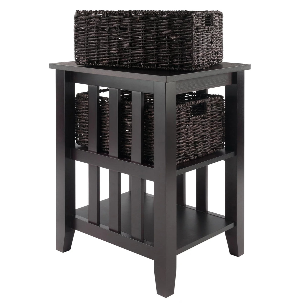 Dark Brown Espresso Side Table with Two Foldable Baskets O7017
