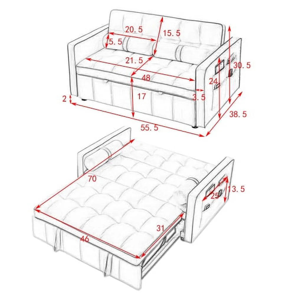 55.5" Pull Out Sleep Sofa Bed 2 Seater Sofa Couch J7332
