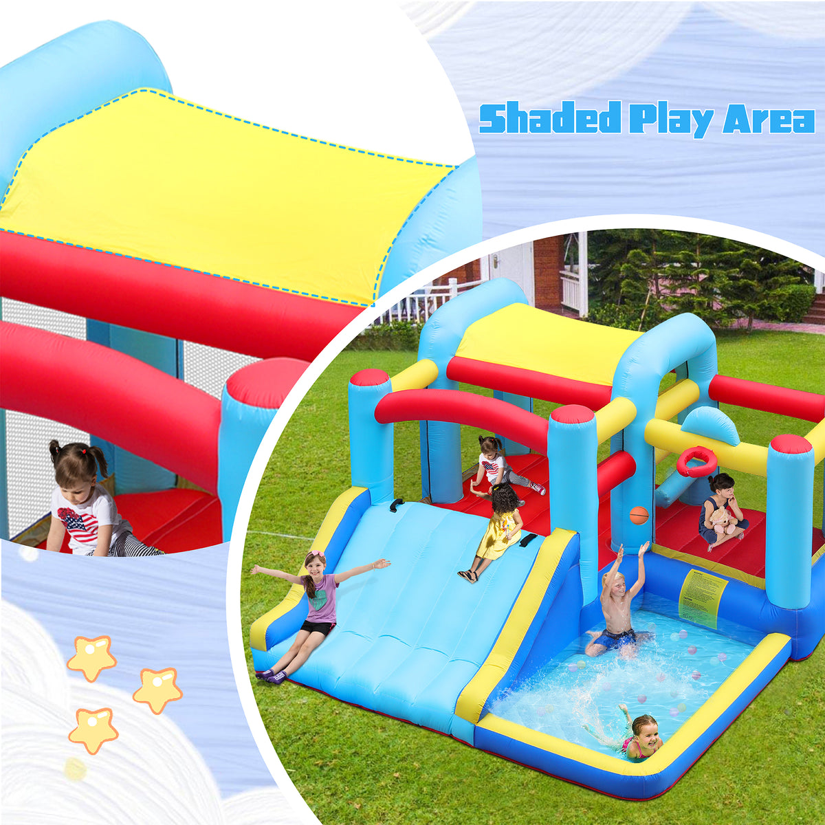Inflatable Water Slide Bounce House with Splash Pool & Basketball Rim D959