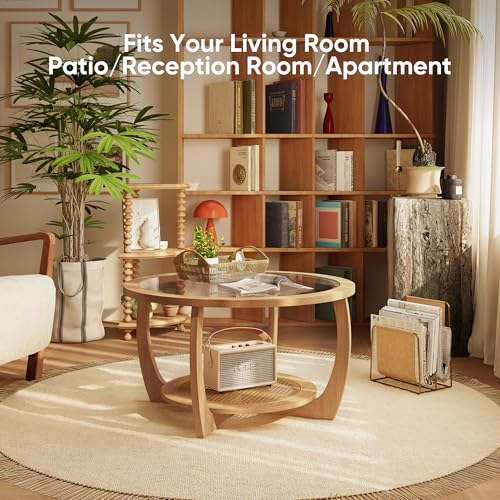 Round Wood Glass Rattan Coffee Table A1180