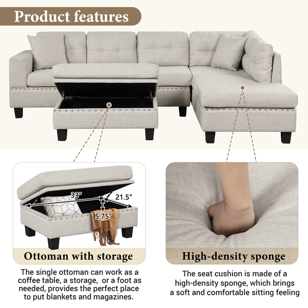Light Gray Sectional Sofa with Storage Ottoman and Cup Holder D522