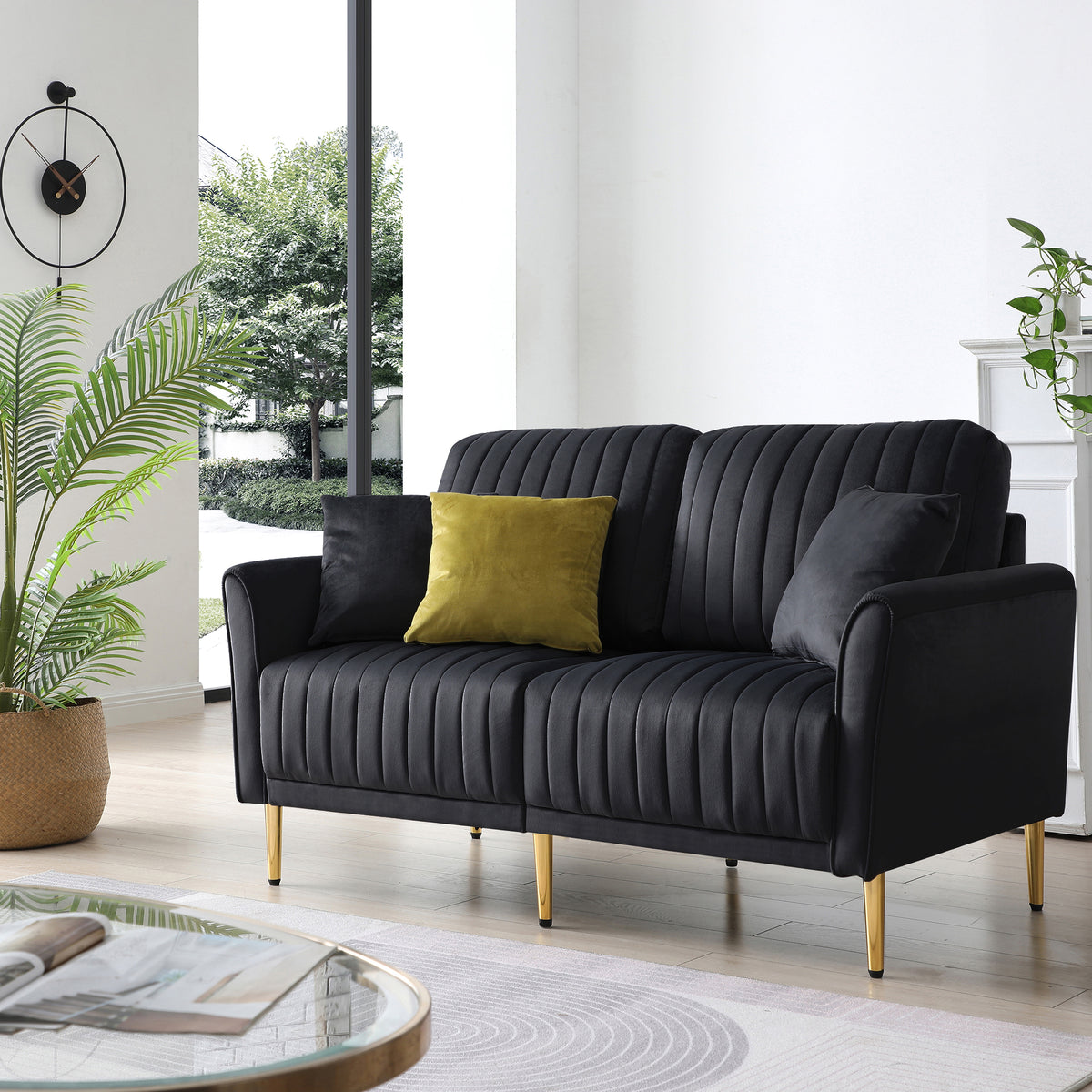 Black Fabric Upholstered Sofa with 2 Pillows S5400