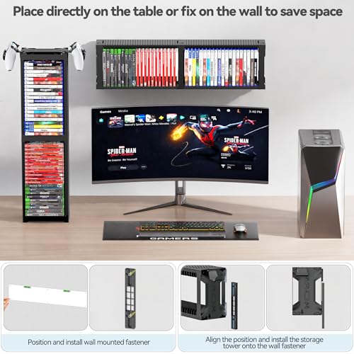 Video Game Disc Rack Tower Storage Holder Stand with Controller Holder Q327