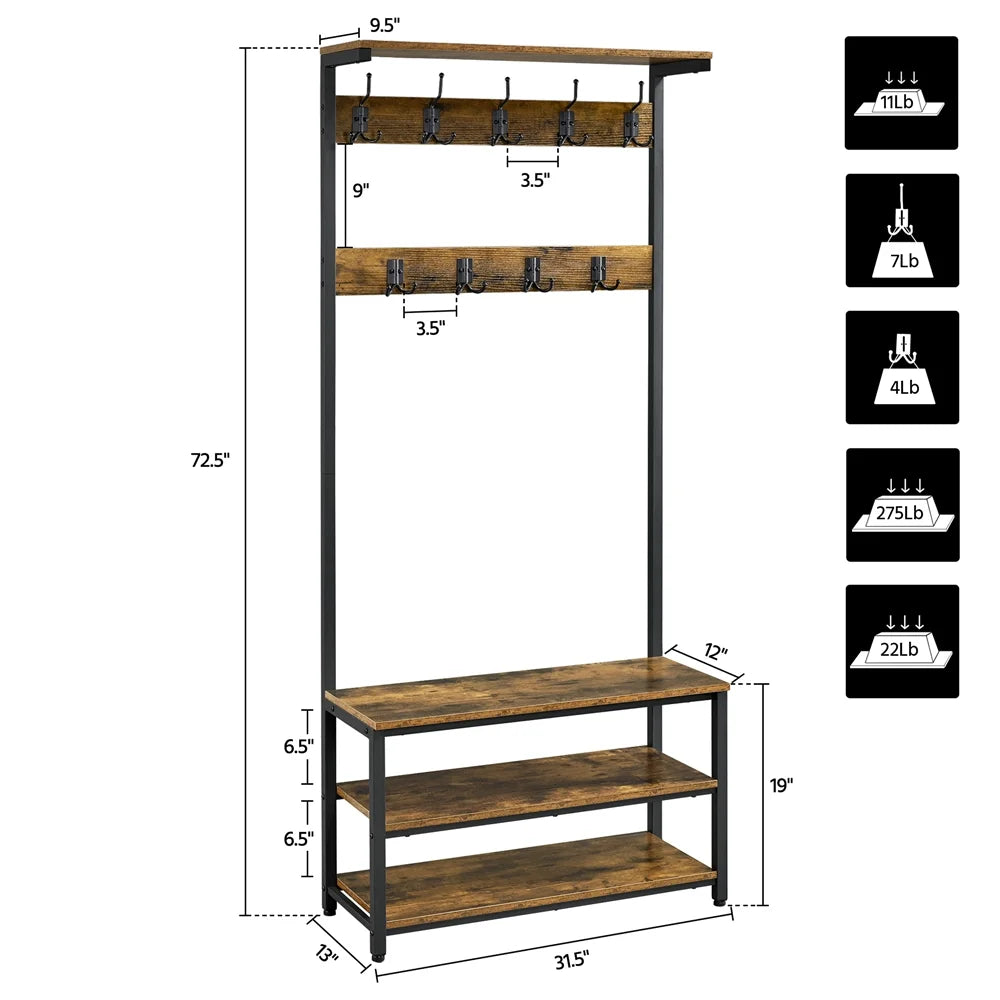 Rustic Brown 3-in-1 Industrial Hall Tree with Shoe Storage & Hooks G610643