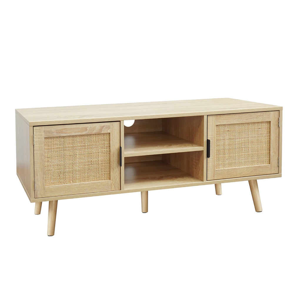 Farmhouse Wood TV Stand for 55 Inch TV with 2 Rattan Doors F270827