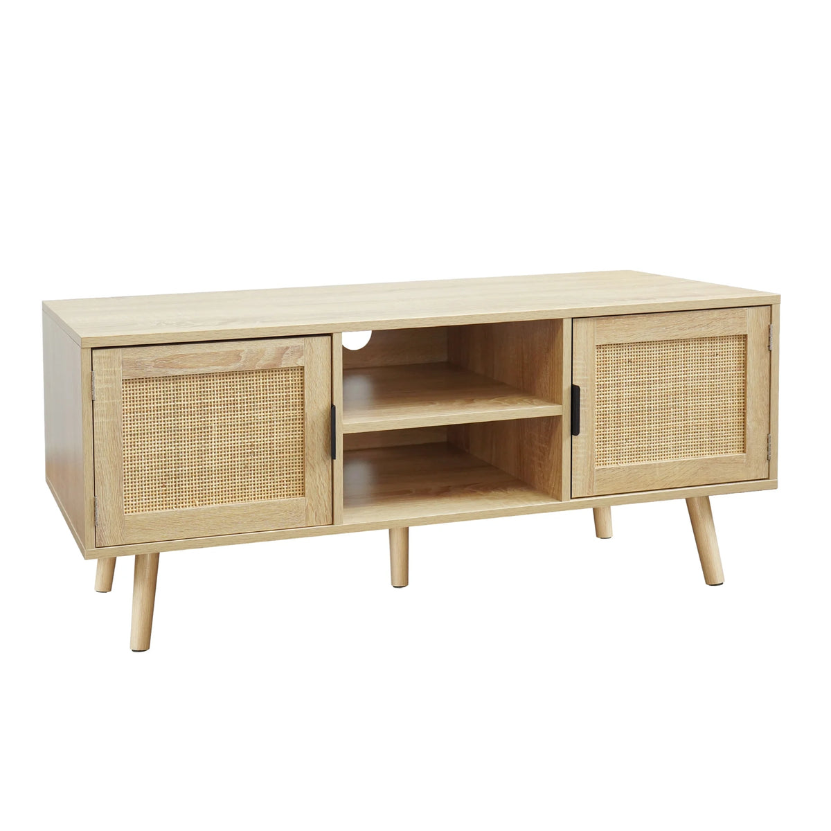 Farmhouse Wood TV Stand for 55 Inch TV with 2 Rattan Doors F270827