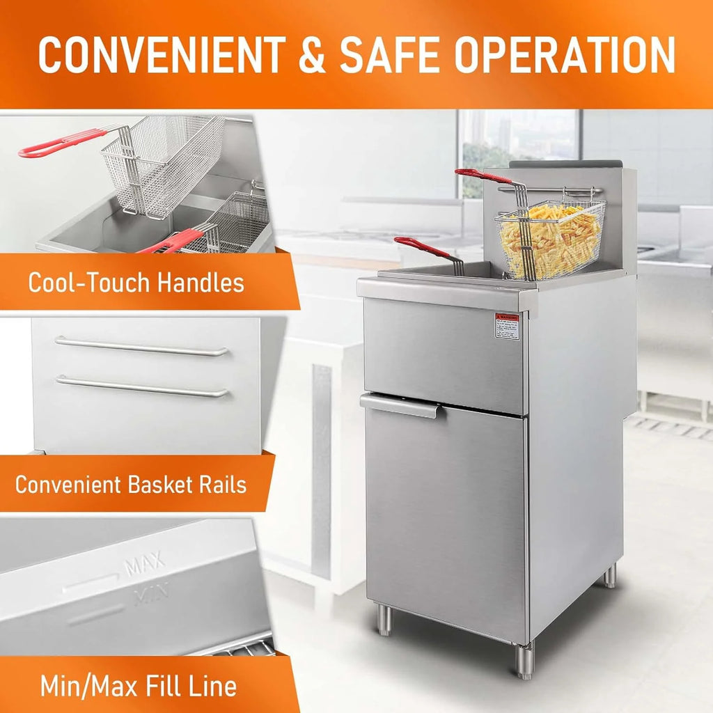 Commercial Gas Floor Fryer with 2 Baskets, 4 Tube Burners, 40 LB Capacity Stainless Steel N9546