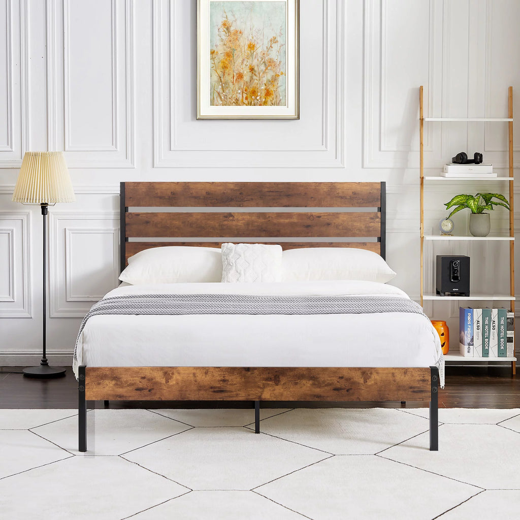 3-Piece Bedroom Set with 2 Nightstands, Full Size Metal Bed Frame with Wooden Headboard, Brown F19692